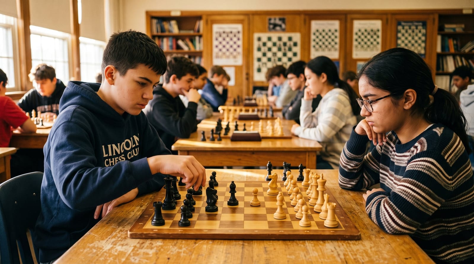 Sala de aula do clube com adultos jogando xadrez em mesas organizadas